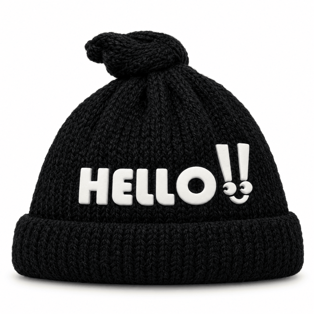 Gestrickte Wintermütze NAZZEA HELLO mit Knoten und Schriftzug