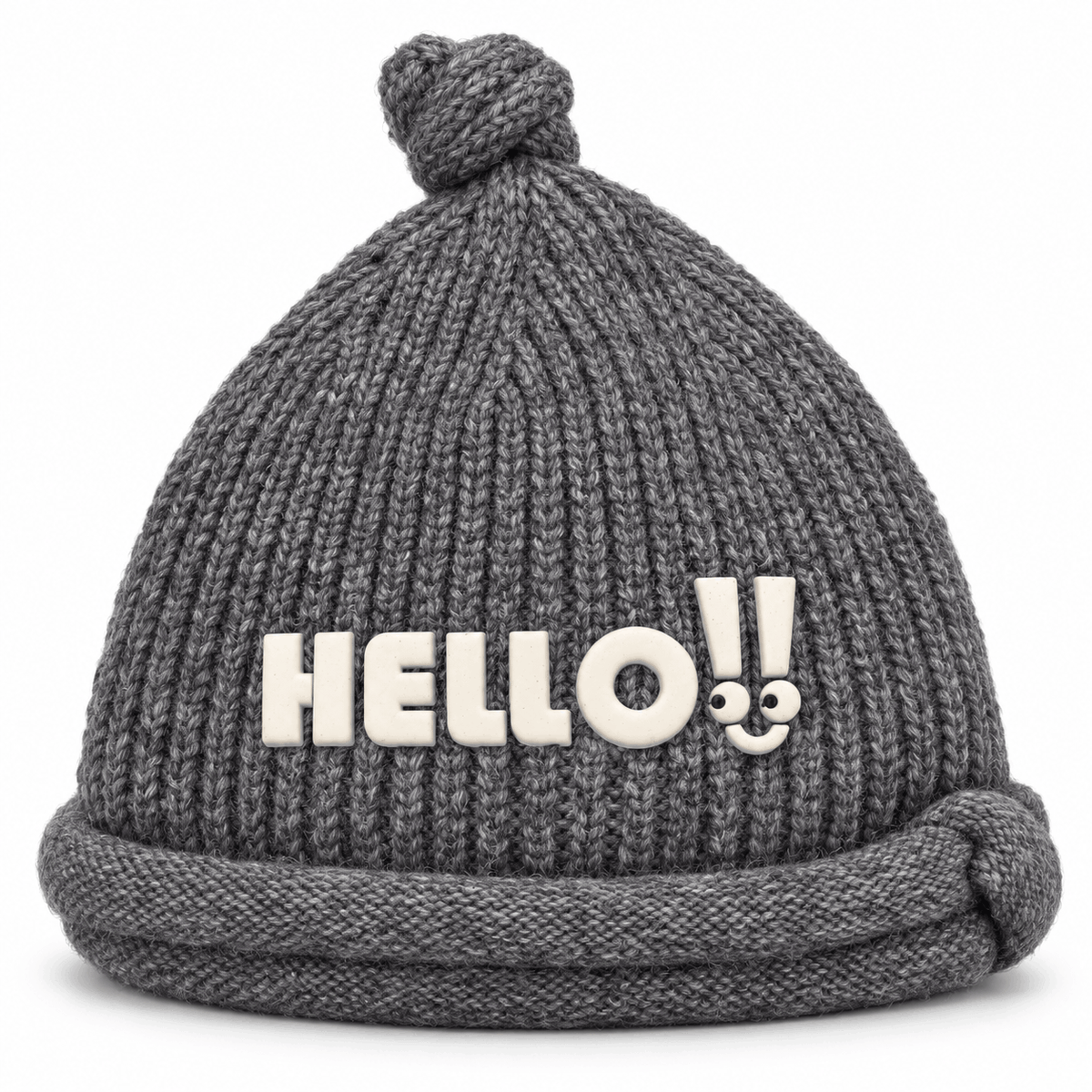 Gestrickte Wintermütze NAZZEA HELLO mit Knoten und Schriftzug