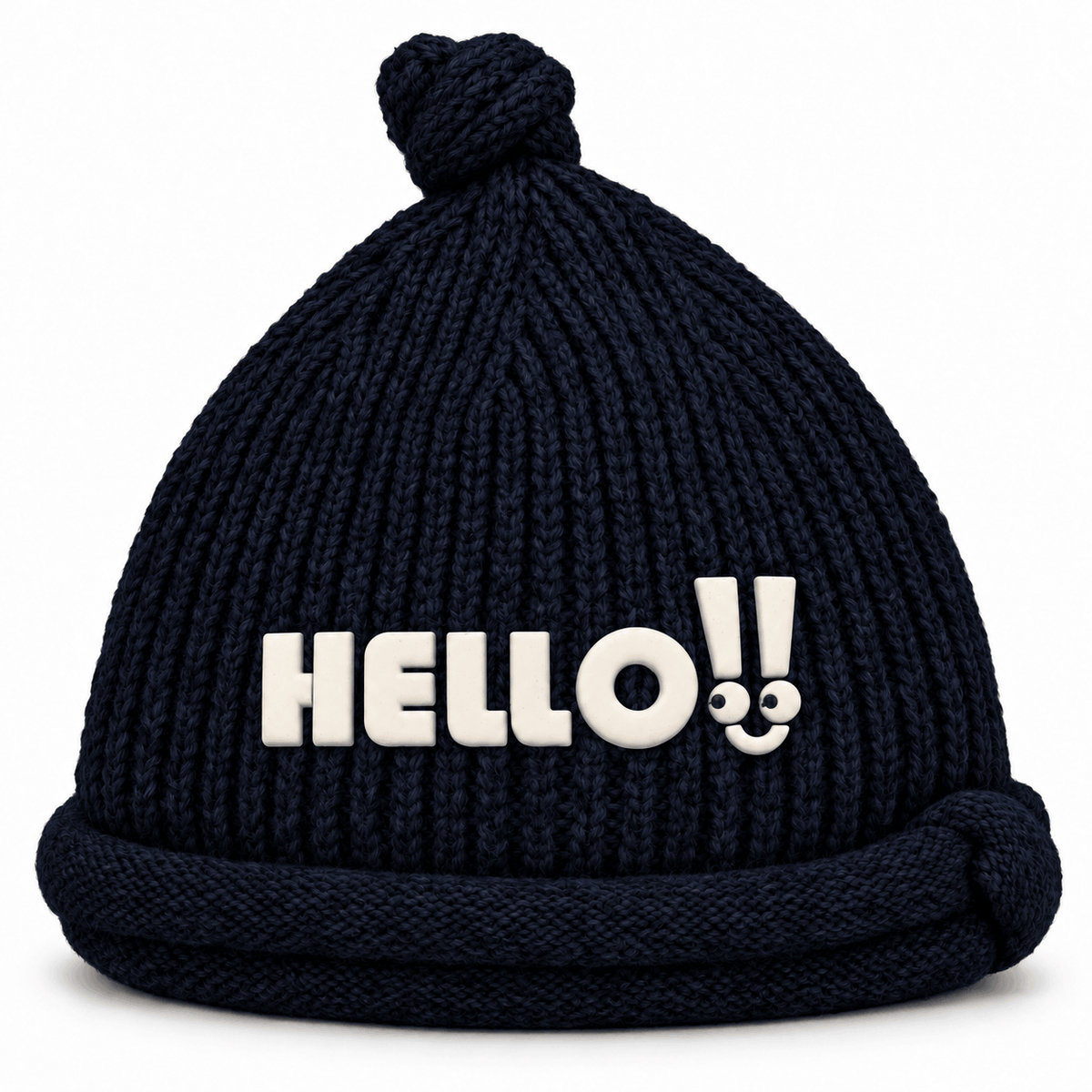 Gestrickte Wintermütze NAZZEA HELLO mit Knoten und Schriftzug