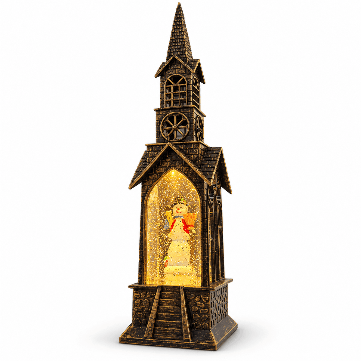 Lanterne de Noël lumineuse en forme d’église avec boule à neige – motif bonhomme de neige
