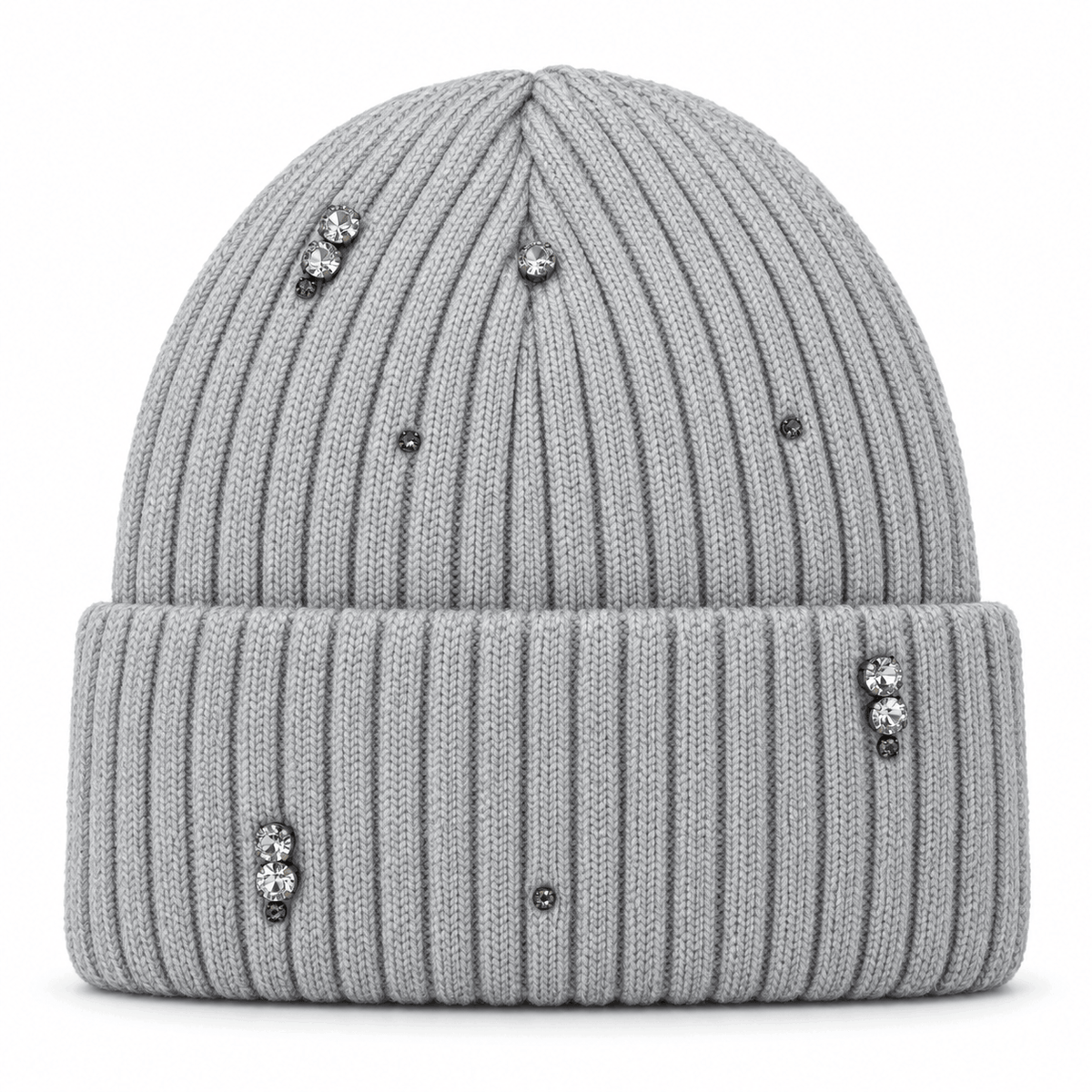 Damen-Strickmütze NAZZEA STELLA mit Kristallen und umgeschlagenem Rand, Farbe Grau