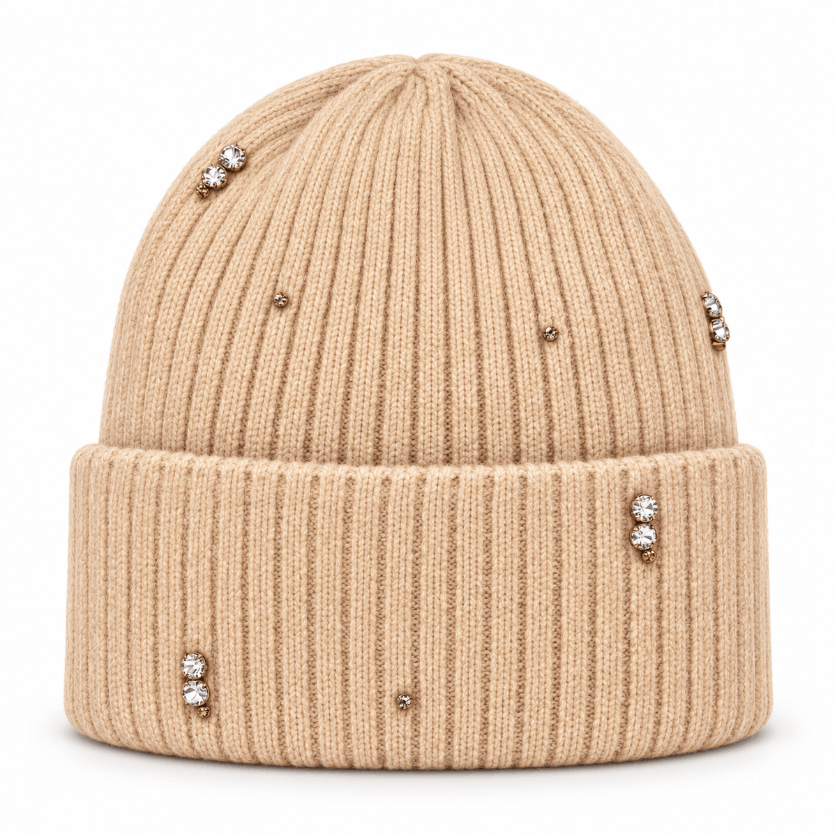 Damen-Strickmütze NAZZEA STELLA mit Kristallen und umgeschlagenem Rand, beige