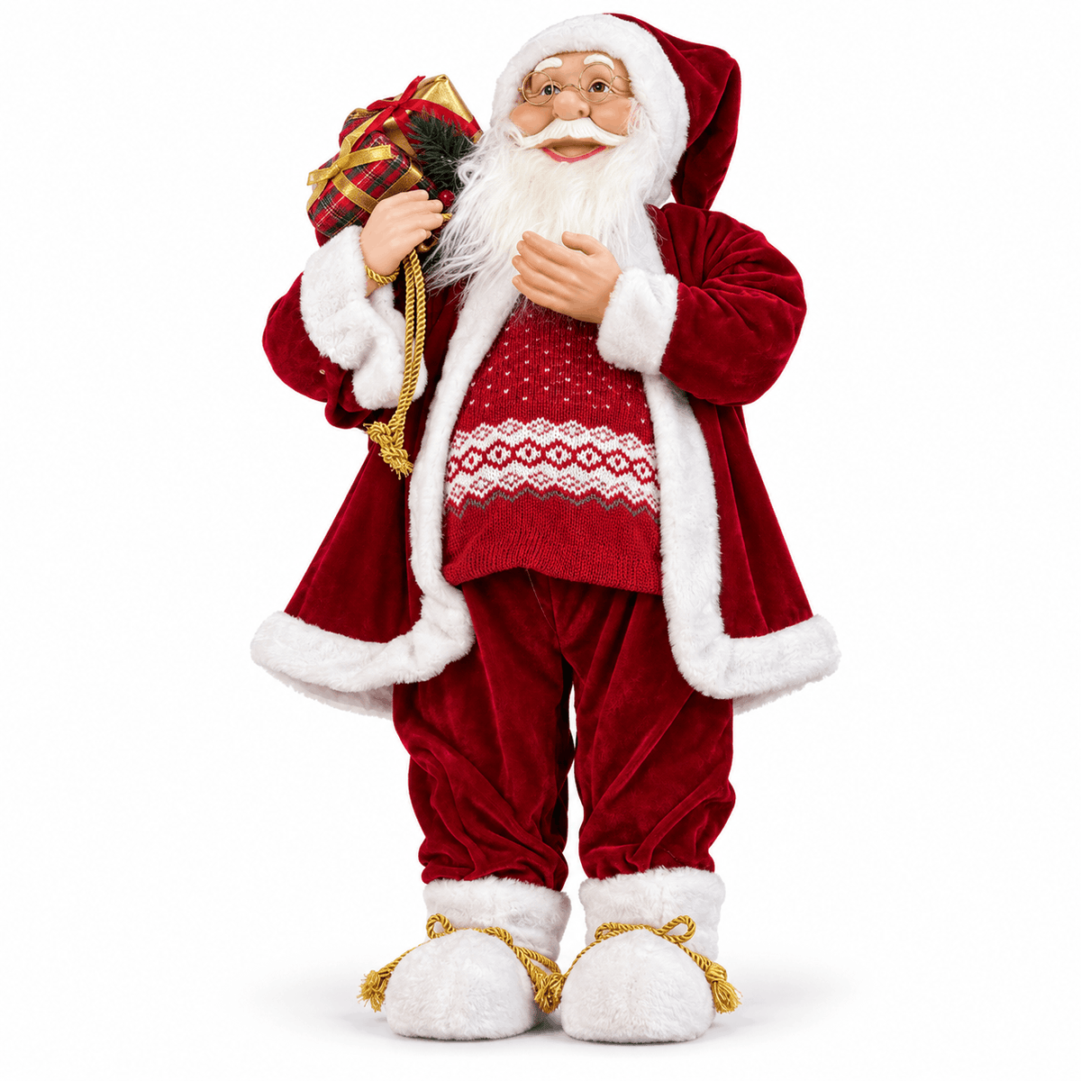 Dekorative Weihnachtsmannfigur mit rotem Samtanzug und Geschenkesack – 90 cm