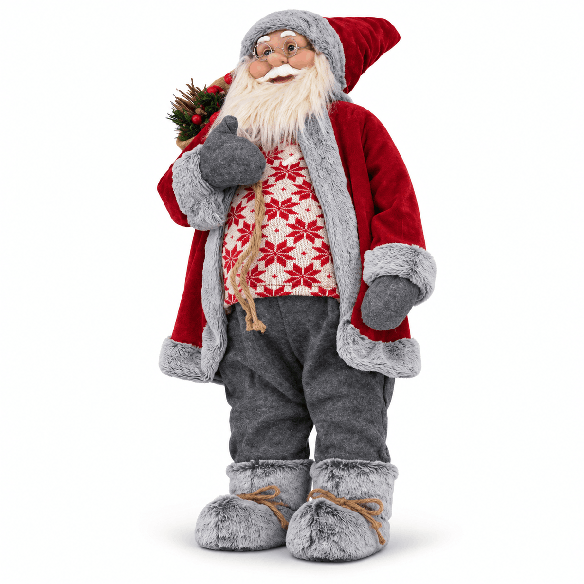 Dekorative Weihnachtsmannfigur mit rotem Mantel und grauem, flauschigem Besatz – 90 cm