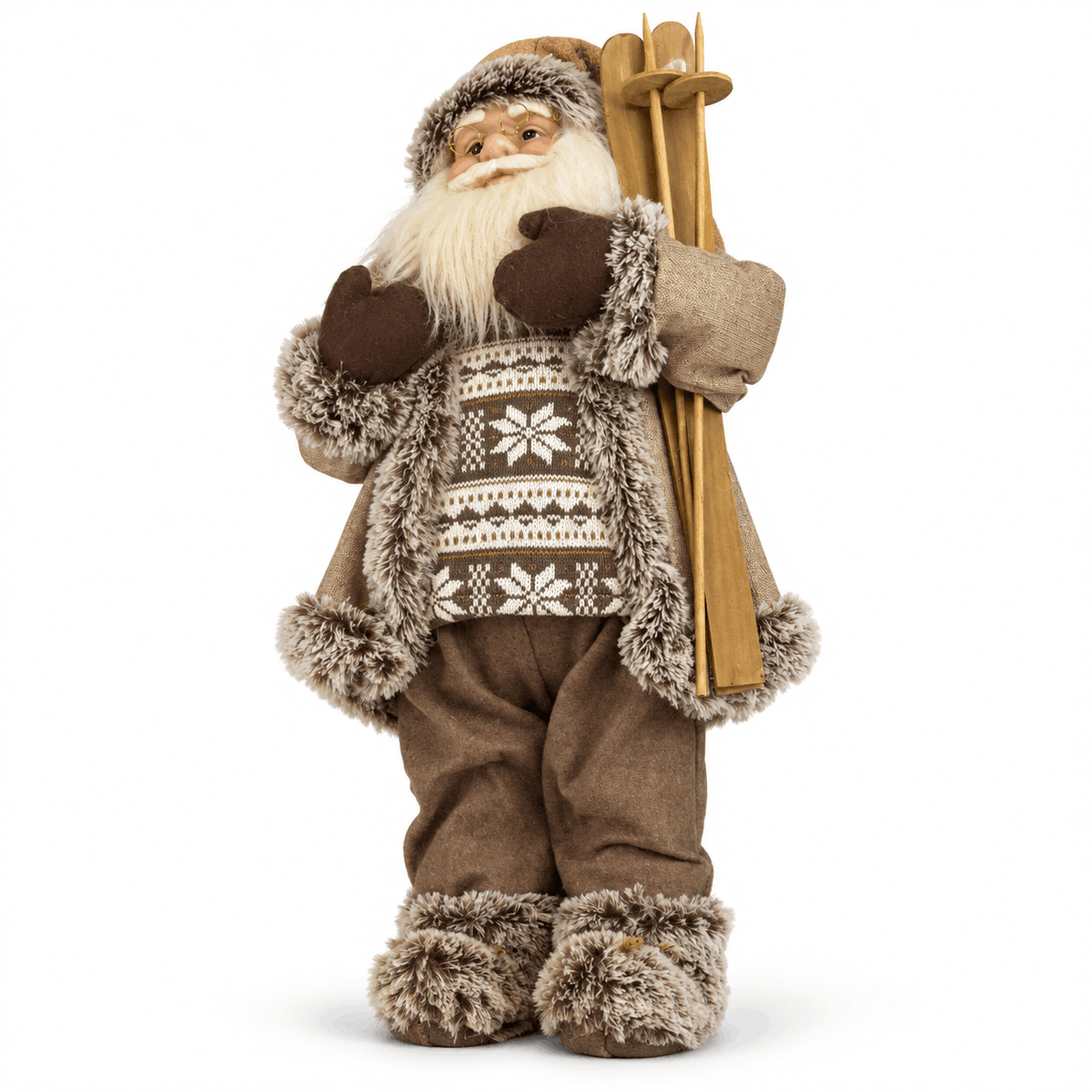 Dekorative Weihnachtsmannfigur in Beige und Braun mit Holzskiern – 90 cm