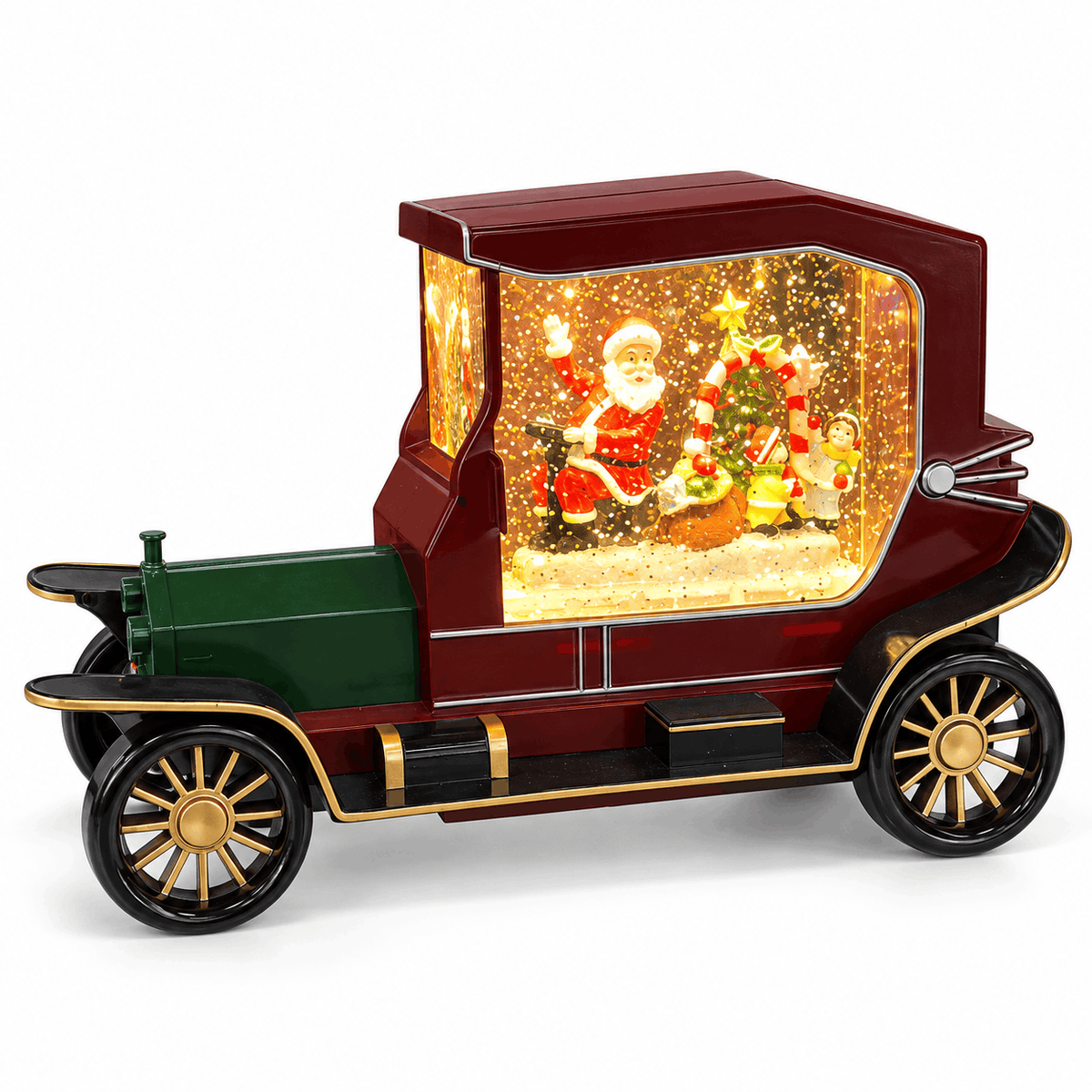 Weihnachtsdekoration: Retro-Auto mit beleuchteter Szene mit dem Weihnachtsmann und einem Bonbonbogen