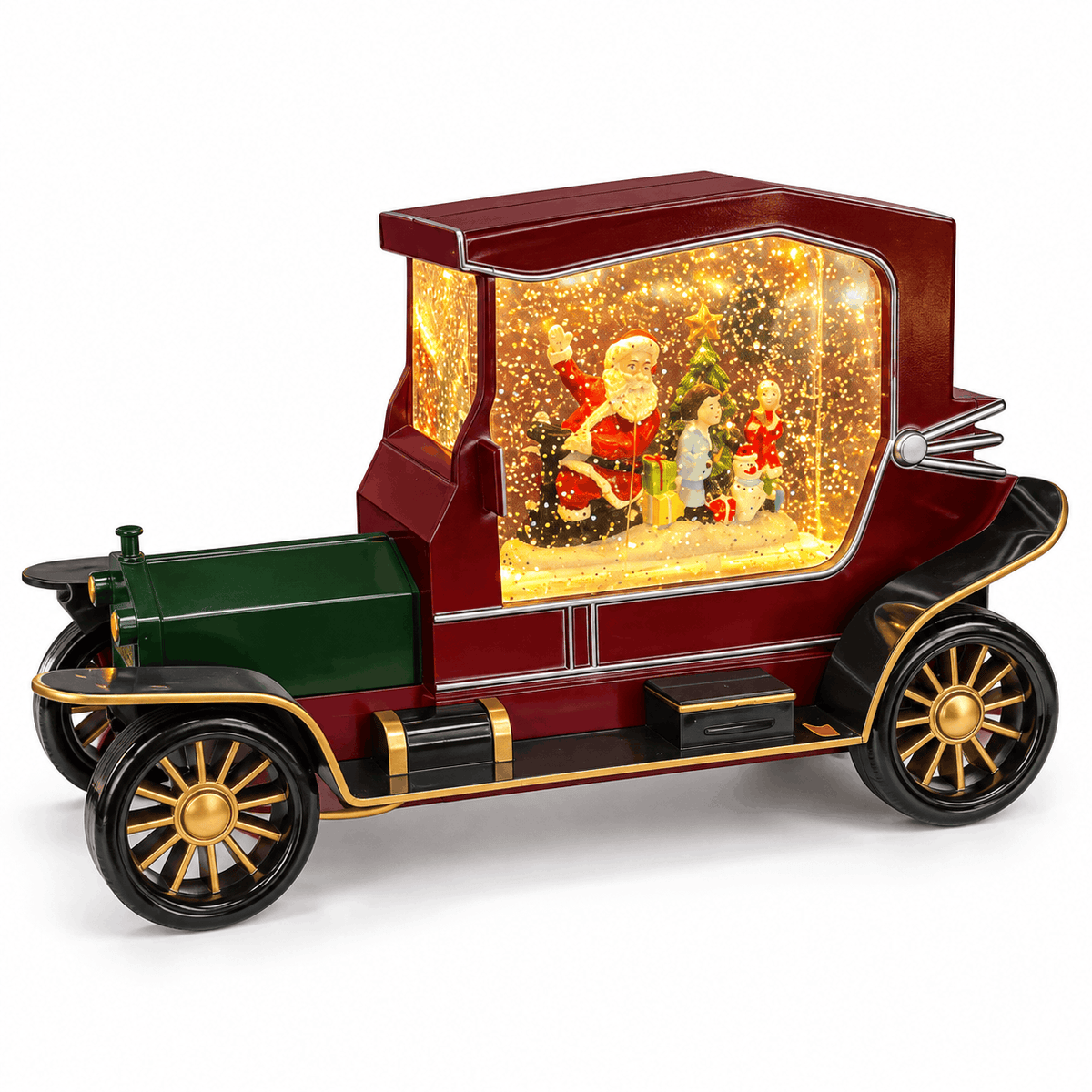 Weihnachtsdekoration mit einem Retroauto und einer beleuchteten Szene mit dem Weihnachtsmann, Kindern und einem Schneemann