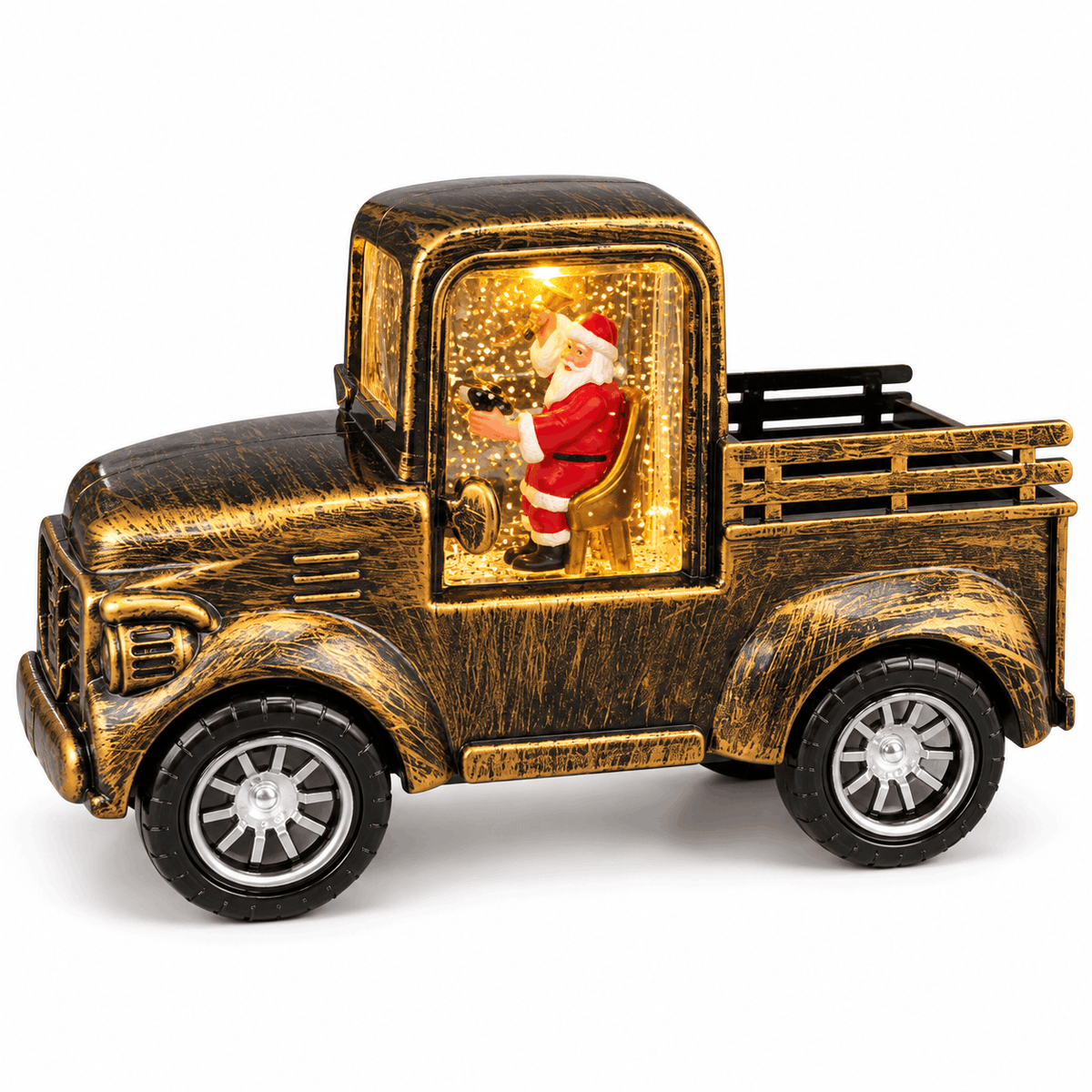 Weihnachtsdeko: Retro-Lastwagen mit beleuchteter Szene – goldfarben mit Weihnachtsmann