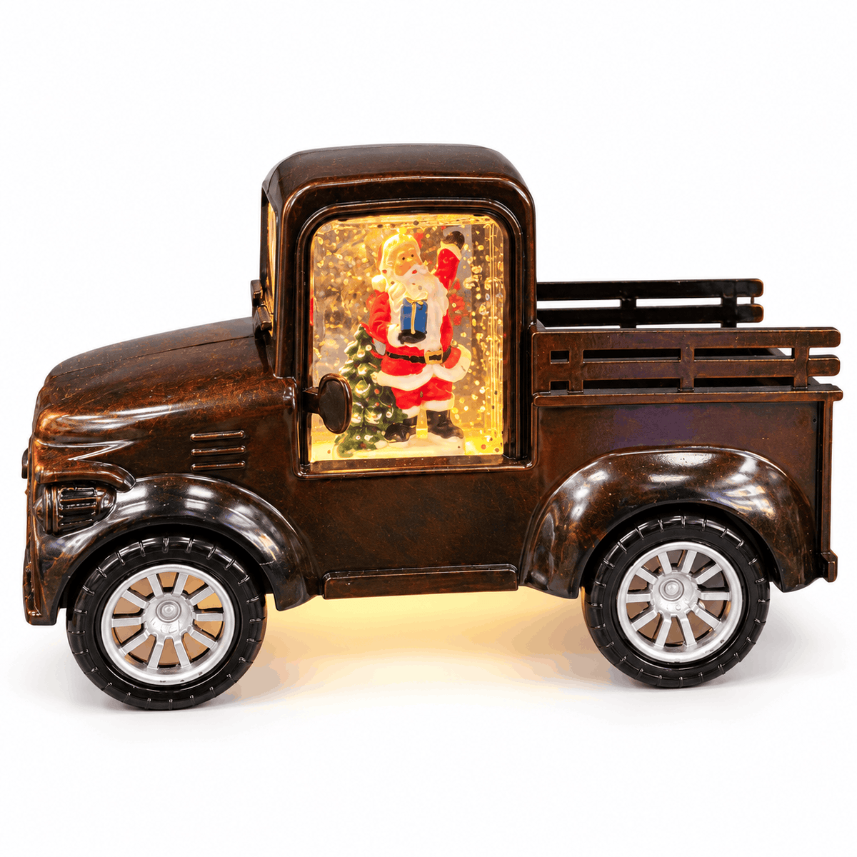 Weihnachtsdekoration, kleiner Retro-Lastwagen mit beleuchteter Szene – braun mit dem Weihnachtsmann