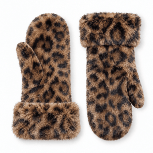 Mănuși pufoase de damă cu un singur deget NAZZEA LEONA cu imprimeu leopard