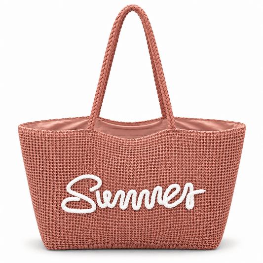 Geantă de plajă pentru damă NAZZEA SUMMER – design împletit cu mânere lungi, culoare roz