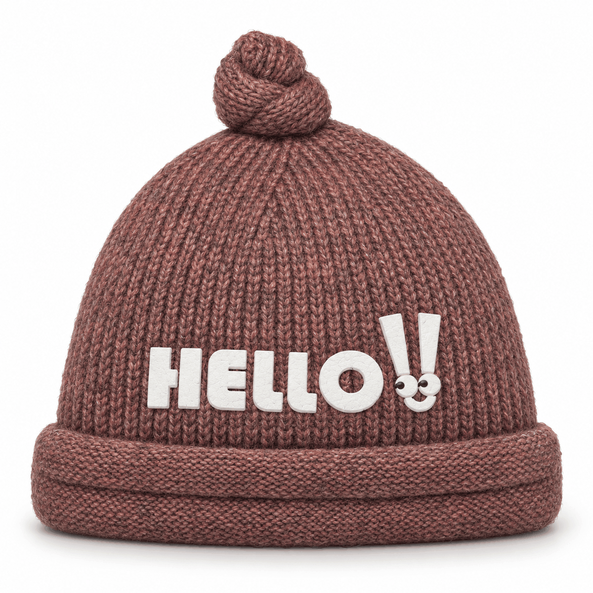Gestrickte Wintermütze NAZZEA HELLO mit Knoten und Schriftzug