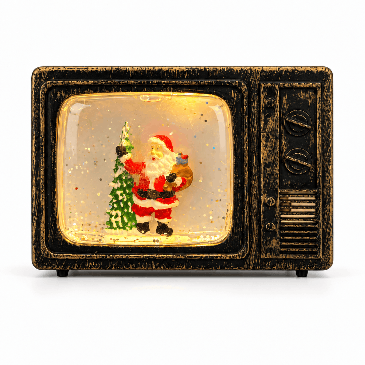 Téléviseur rétro lumineux avec boule à neige – motif Père Noël avec un sac de cadeaux