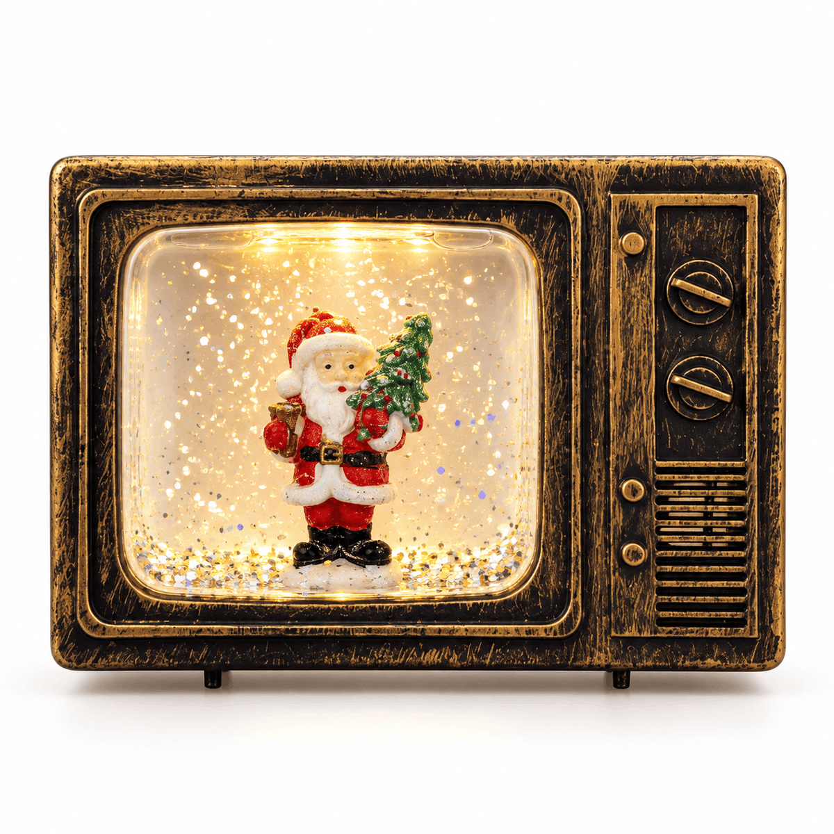 Téléviseur rétro lumineux avec boule à neige - motif du Père Noël avec une clochette
