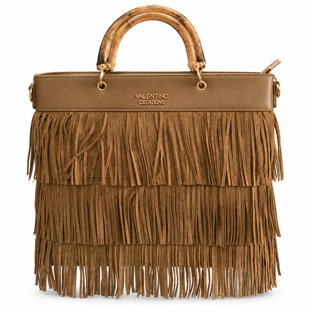 Дамска чанта Valentino Creations с ресни – Boho Fringe, цвят светлокафяв