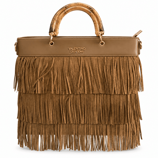 Дамска чанта Valentino Creations с ресни – Boho Fringe, цвят светлокафяв