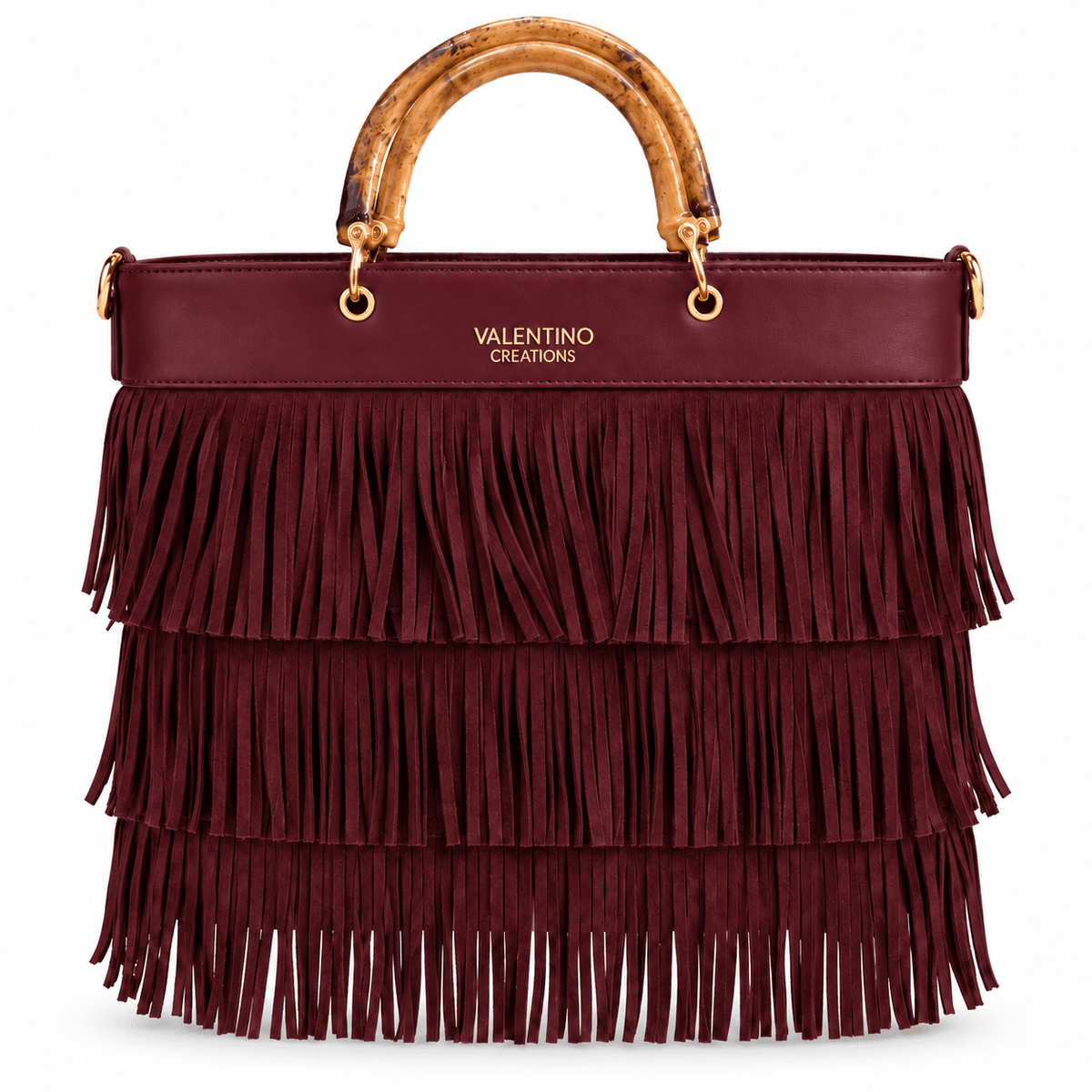 Дамска чанта Valentino Creations с ресни – Boho Fringe, цвят бордо