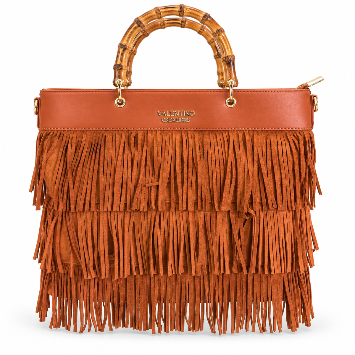 Дамска чанта Valentino Creations с ресни – Boho Fringe, цвят коняк