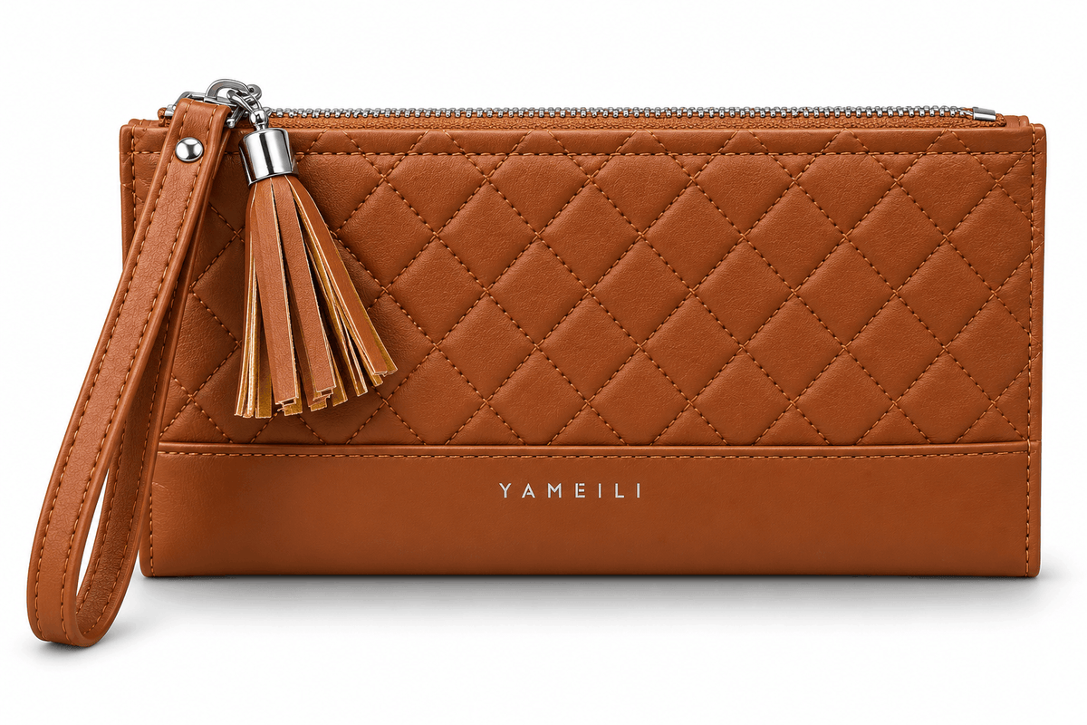 Damenportemonnaie YAMEILI – gestepptes Design mit Handschlaufe, Farbe Braun